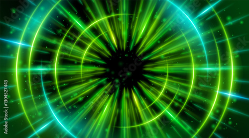 Futuristic abstract background with a radial burst of light and energy, dynamics emanating from the center. Speed. Blue, Green light rays emit and create glowing particle effects.