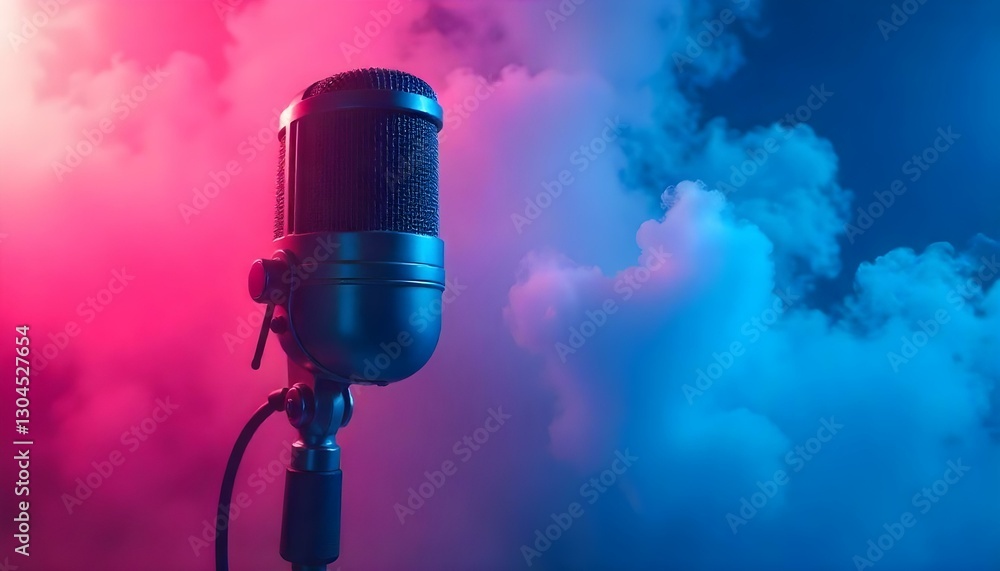 Primer plano de estudio de un micrófono, que muestra una combinación de colores dinámica con vibrantes tonos rosados y azules