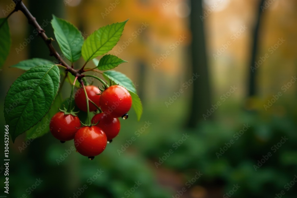 Obraz premium Lush Green Foliage with a Cluster of Vibrant Red Berries Glistening with Dew Drops in a Serene Autumnal Woodland Setting