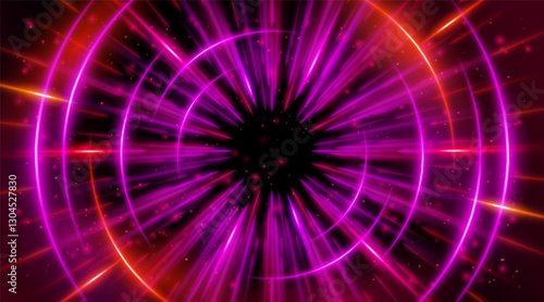 Futuristic abstract background with a radial burst of light and energy, dynamics emanating from the center. Speed. Red, purple and pink light rays emit and create glowing particle effects.