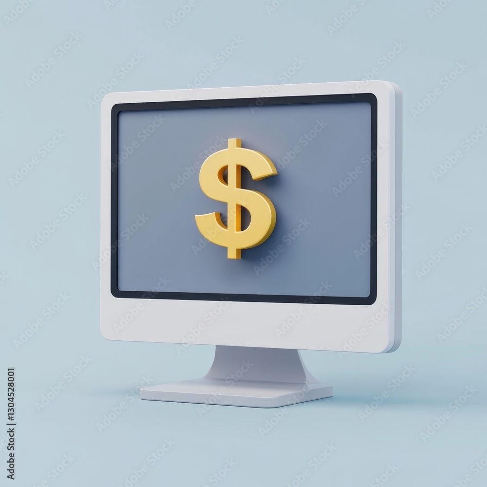 Online finance and investment concept depicted by a computer monitor displaying a dollar symbol against a light background Online finance and investment concept depicted by a computer monitor displaying a dollar symbol against a light background