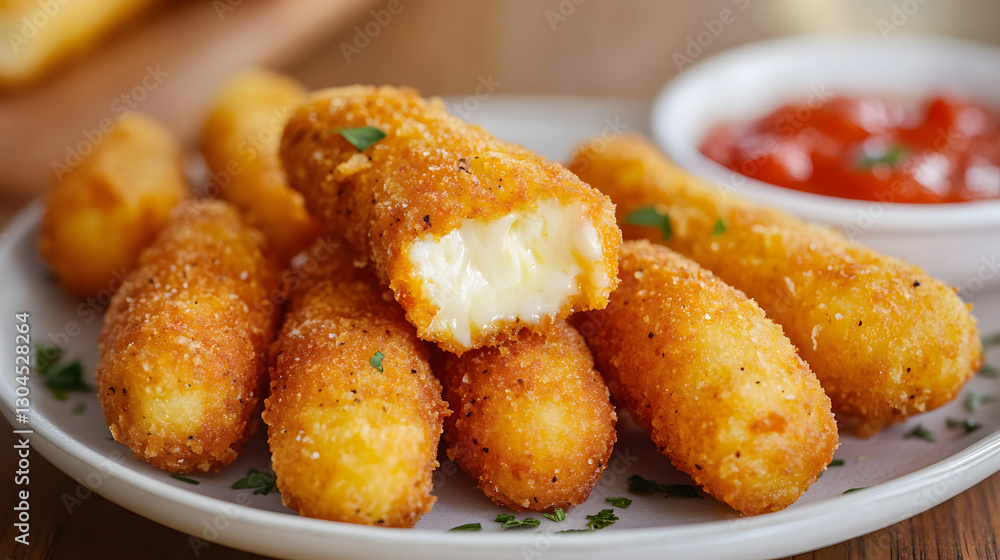 Mozzarella sticks with a golden-brown crust, crispy texture, and gooey cheese inside, served as an appetizer for an Italian dinner with marinara sauce on the side. Mozzarella sticks with a golden-brown crust, crispy texture, and gooey cheese inside, served as an appetizer for an Italian dinner with marinara sauce on the side.