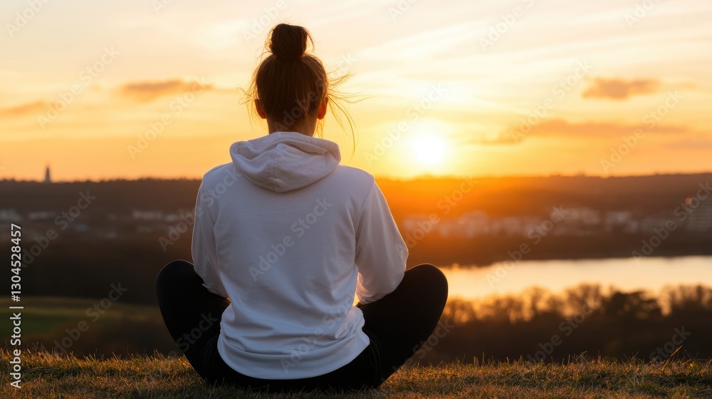 Woman meditating at sunset overlooking a serene landscape Woman meditating at sunset overlooking a serene landscape