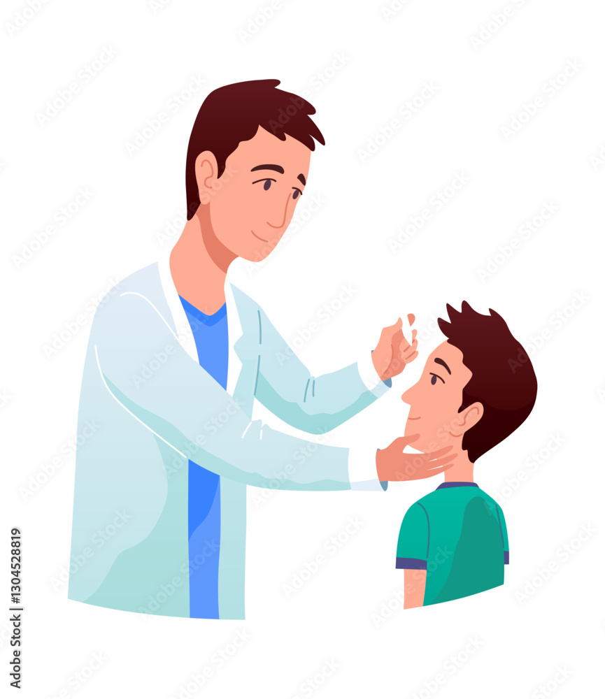 Fototapeta premium Eyesight diagnostics. Optometrist checking kid eyesight. Eyes test procedure in hospital. Ophthalmologist doctor examining eyesight vision of patient