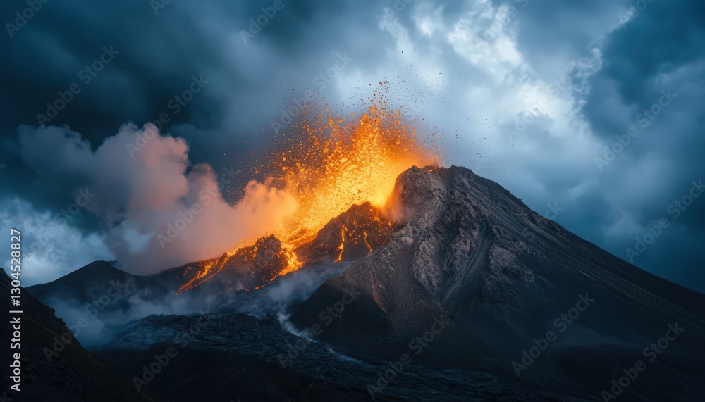 Fototapeta premium Night Volcanic Eruption With Lava Flowing Down Dark Mountain Under Dramatic Sky
