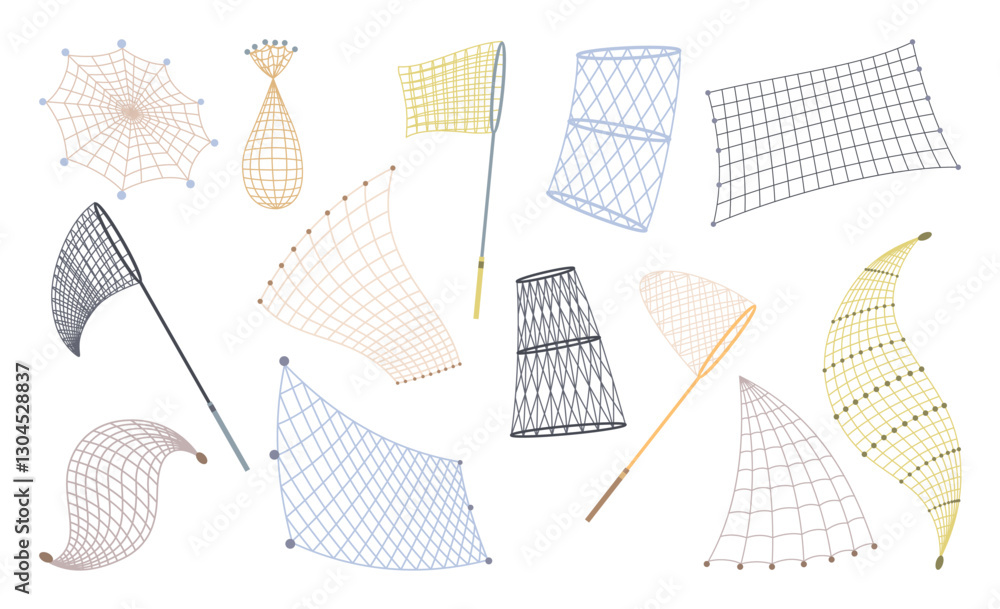 Fish net icons, isolated fishnets and fish scoops. Mesh tool used for catching. Device for safely transferring fish from one container to another or water. Vector cartoon illustration