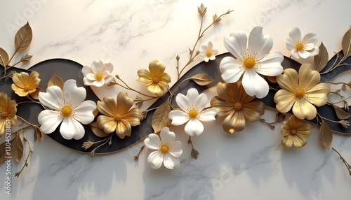 Luxury Floral Elegance: A high-definition 3D-rendered wall decoration featuring an intricate arrangement of golden and white flowers with delicate embossed petals