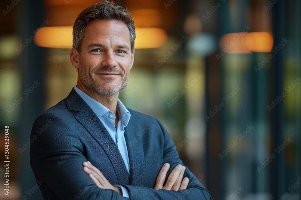A close-up shot of a sharp, professional male in a blazer with arms crossed, his gaze direct, exuding confidence and approachability within a modern A close-up shot of a sharp, professional male in a blazer with arms crossed, his gaze direct, exuding confidence and approachability within a modern