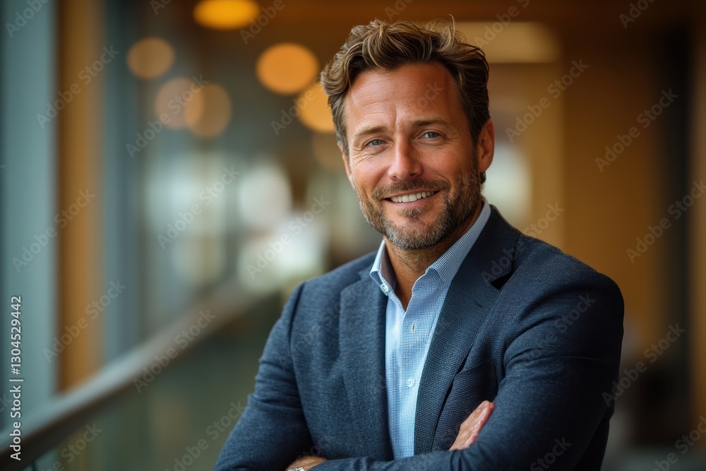 A close-up shot of a sharp, professional male in a blazer with arms crossed, his gaze direct, exuding confidence and approachability within a modern A close-up shot of a sharp, professional male in a blazer with arms crossed, his gaze direct, exuding confidence and approachability within a modern