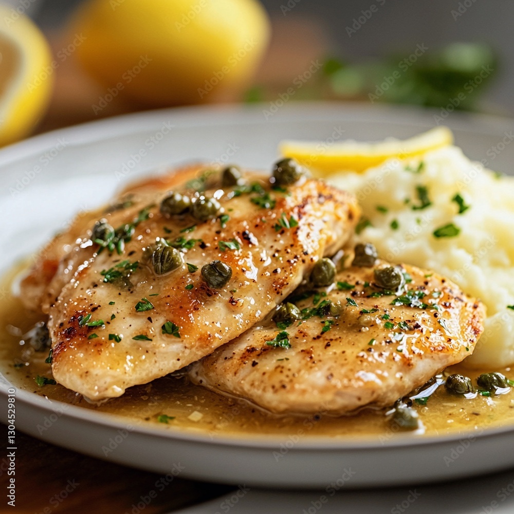 Plate of chicken piccata with lemon sauce and capers on a wooden table setting Plate of chicken piccata with lemon sauce and capers on a wooden table setting