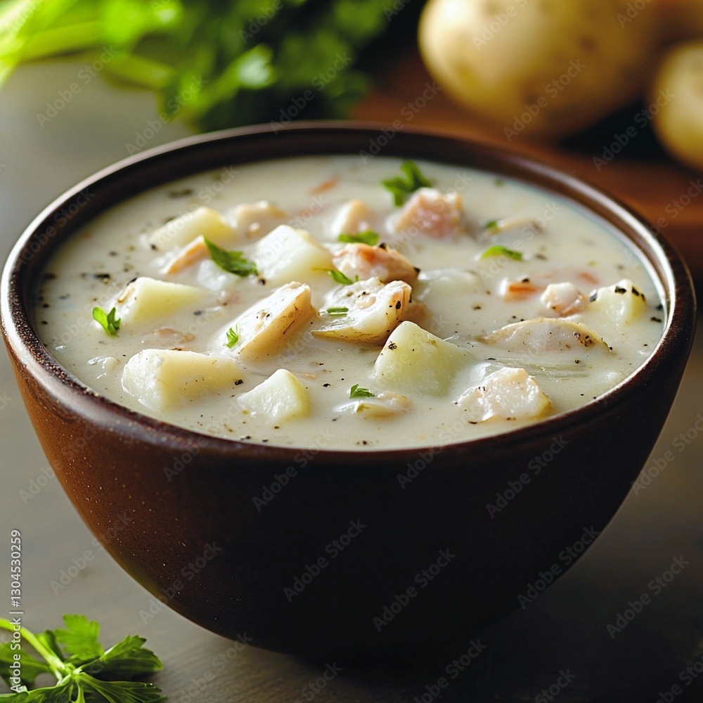 Bowl of creamy clam chowder with potatoes and parsley displayed in an appealing design Bowl of creamy clam chowder with potatoes and parsley displayed in an appealing design