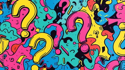 A colorful, abstract background with question marks and doodles.