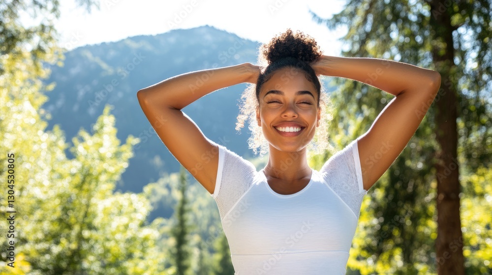 Joyful woman embracing nature in a sunny forest setting Joyful woman embracing nature in a sunny forest setting