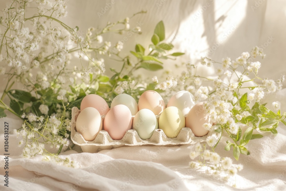 Soft Pastel Eco-Dyed Eggs in Minimalist Arrangement With Fresh Herbs in Gentle Morning Light