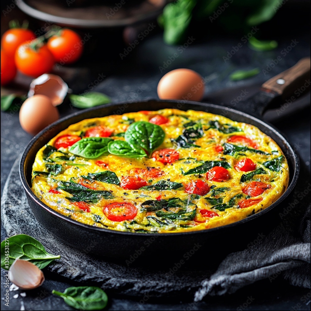 Pan of omelette and frittata with eggs spinach cheese and herbs on a wooden table Pan of omelette and frittata with eggs spinach cheese and herbs on a wooden table