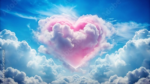 Dreamy Pink Heart Cloud Double Exposure: Blue Sky, White Clouds Stock Photo