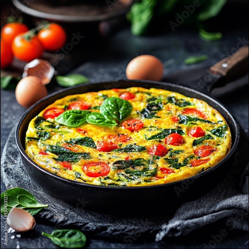 Pan of omelette and frittata with eggs spinach cheese and herbs on a wooden table