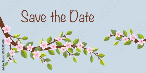 Save the Date - Schriftzug in englischer Sprache - Reserviere den Termin. Einladungskarte mit Kirschblütenzweigen.