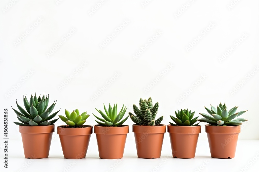 Succulents arranged in terracotta pots on shelf Succulents arranged in terracotta pots on shelf