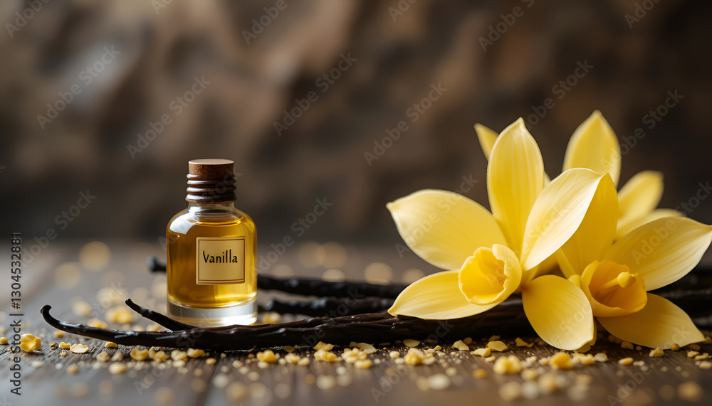 natural vanilla pods and yellow vanilla orchid flowers with small bottle with essence of vanilla against blue background. perfume and cooking concept. Ai generated