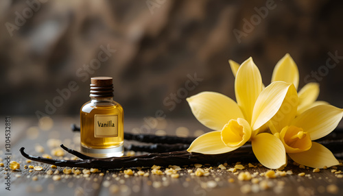 Obraz na płótnie natural vanilla pods and yellow vanilla orchid flowers with small bottle with essence of vanilla against blue background. perfume and cooking concept. Ai generated w salonie