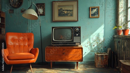 Retro living room with vintage TV, comfy armchair, and artwork