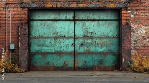 Wallpaper Mural Rustic teal garage door softly lit shows aged brick wall background. AI Generated Torontodigital.ca