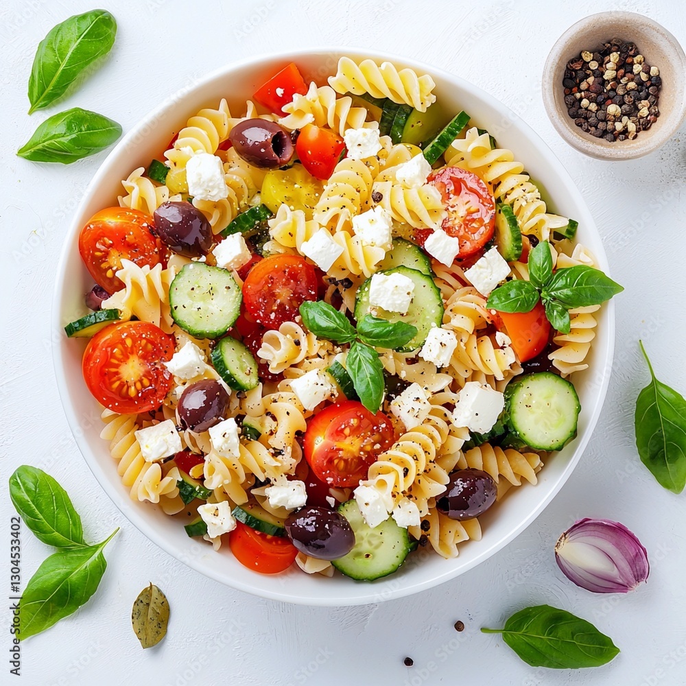 Bowl of colorful pasta salad with fresh vegetables and dressing on a wooden table background Bowl of colorful pasta salad with fresh vegetables and dressing on a wooden table background