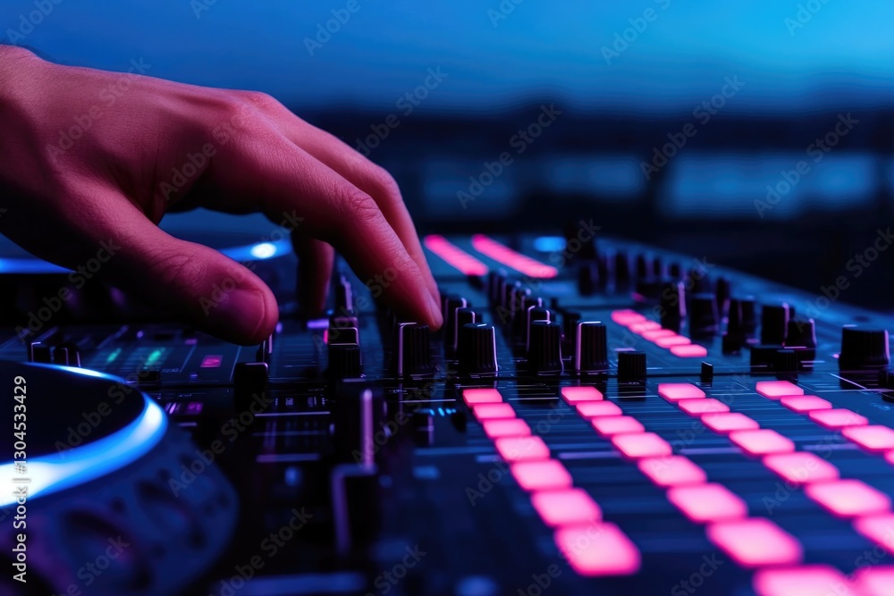 Hand adjusting DJ equipment with vibrant lights creating an ener Hand adjusting DJ equipment with vibrant lights creating an ener