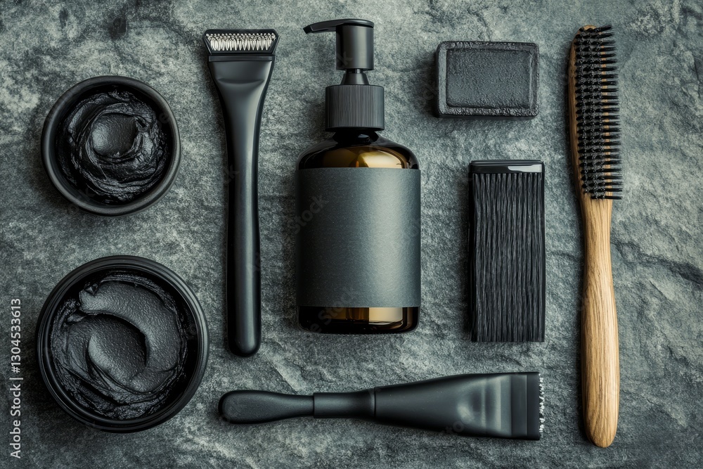 On a marble background, a flat lay composition showcases shaving accessories and bathroom cosmetics designed for men On a marble background, a flat lay composition showcases shaving accessories and bathroom cosmetics designed for men