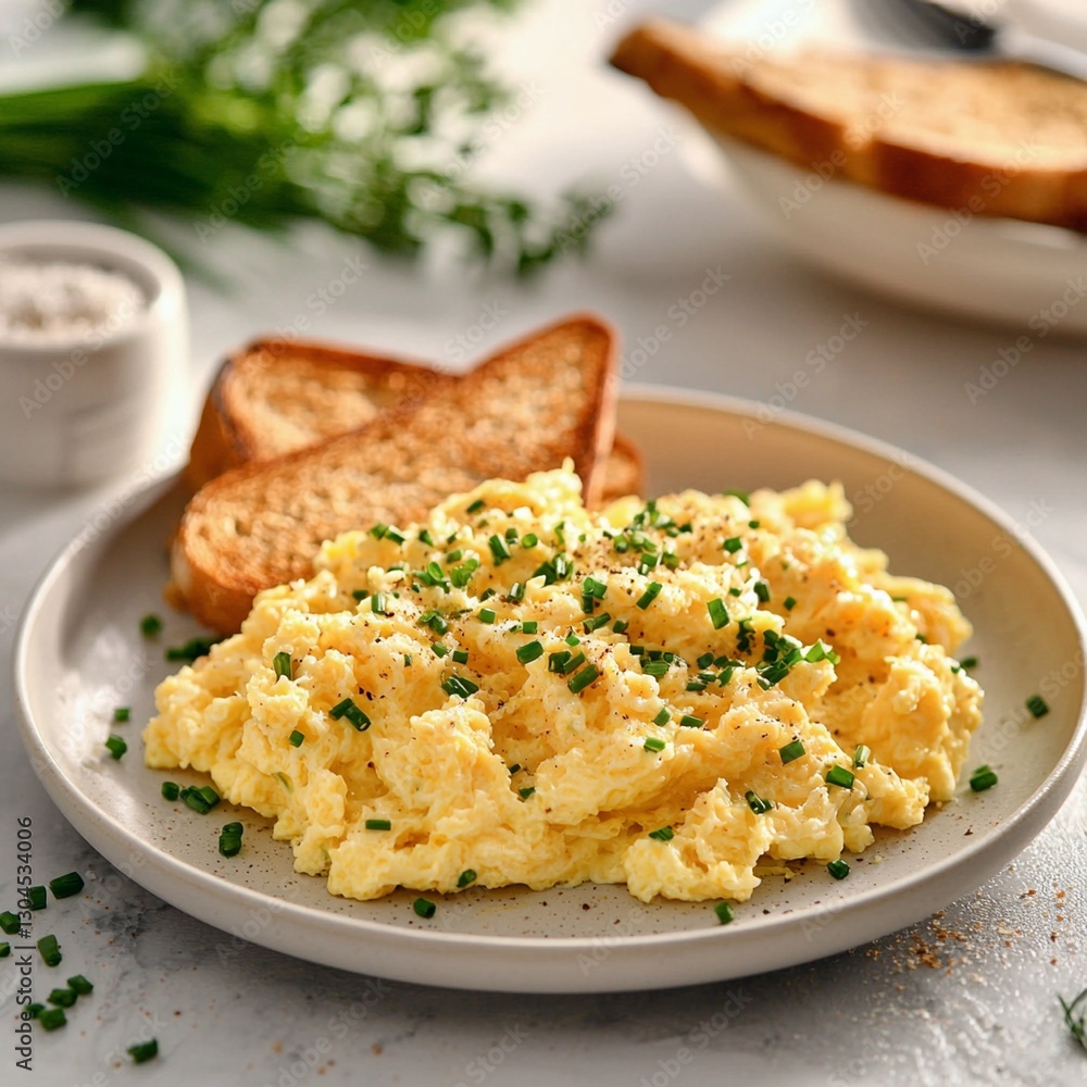 Plate of scrambled eggs with toasted bread on a rustic wooden table setting for breakfast Plate of scrambled eggs with toasted bread on a rustic wooden table setting for breakfast