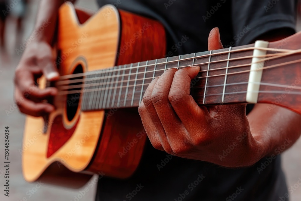 Hands skillfully strumming an acoustic guitar, capturing musical Hands skillfully strumming an acoustic guitar, capturing musical