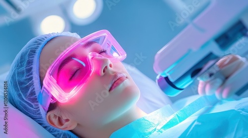 Clinical Intense Pulsed Light Therapy for Skin Pigmentation Reduction with Professional Equipment Illuminated by Bright Lights photo