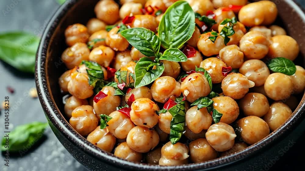 Roasted chickpeas in bowl with herbs and spices, dark background Roasted chickpeas in bowl with herbs and spices, dark background