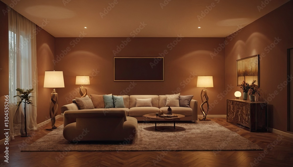Fototapeta premium Cozy Living Room: An inviting, contemporary living room bathed in warm, inviting light from elegant lamps, showcasing comfortable furniture, and a sleek, minimalist aesthetic.