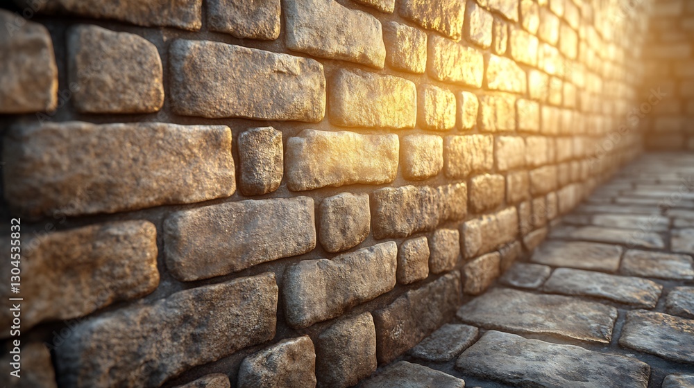 Golden light bathes textured stone wall path. AI Generated Golden light bathes textured stone wall path. AI Generated