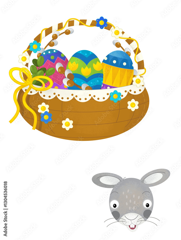 Obraz premium cartoon scene with colorful easter basket and rabbit on frame with white background for text - illustration for children