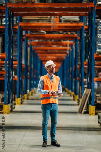 Foto Warehouse supervisor using digital tablet and managing inventory