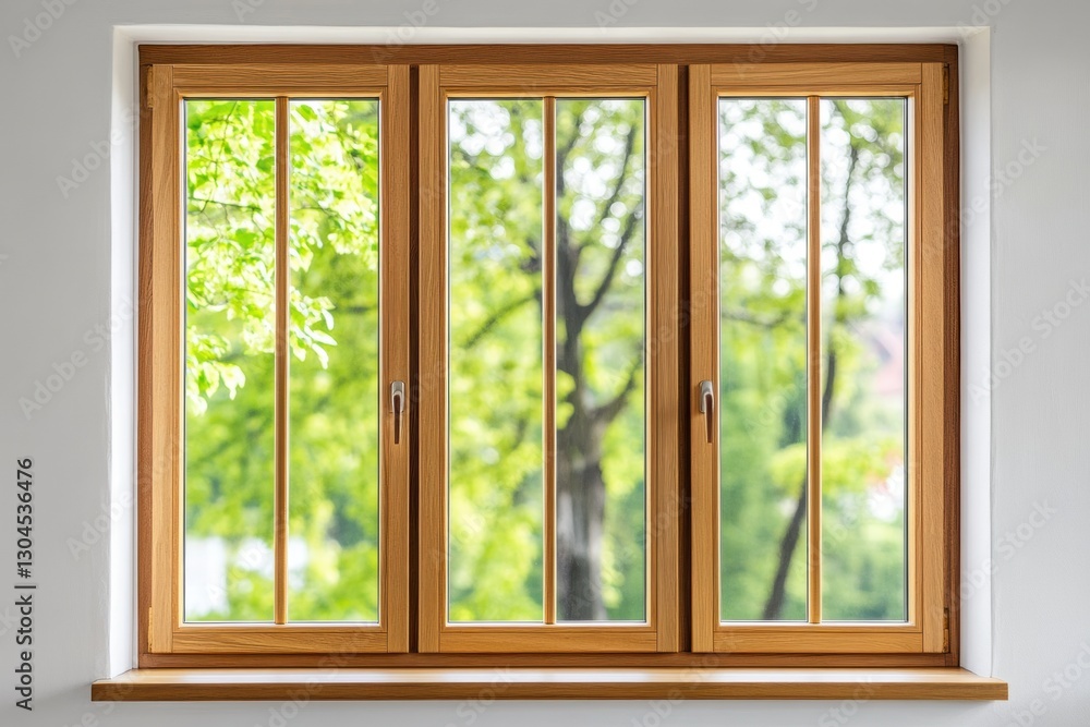 New wooden PVC window with brown metal frame installed at modern house, view of blurred green trees, blue sky. Advertising. Typical installation of insulated glazing windows with uPVC window frames. New wooden PVC window with brown metal frame installed at modern house, view of blurred green trees, blue sky. Advertising. Typical installation of insulated glazing windows with uPVC window frames.