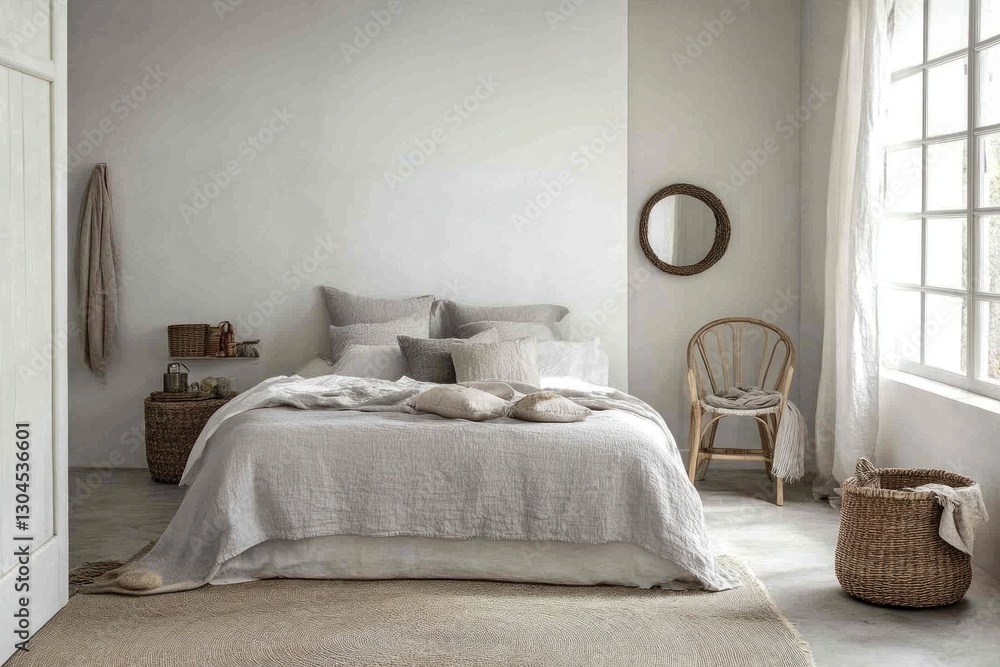 Serene bedroom with linen bedding, natural textures, and sunlight. Serene bedroom with linen bedding, natural textures, and sunlight.