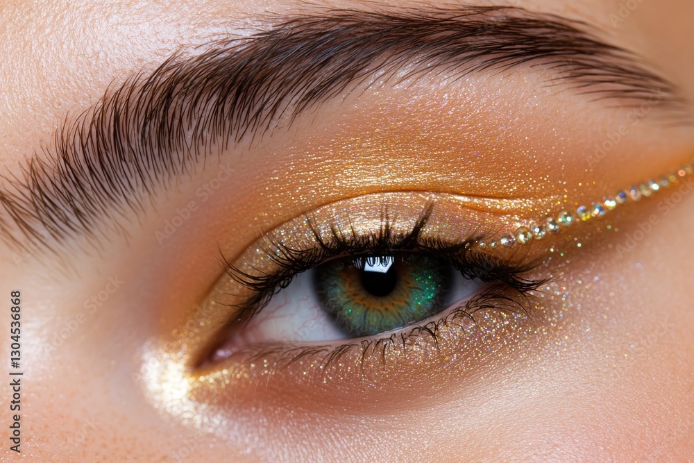 Fototapeta premium Golden eye makeup enhances natural beauty with shimmering accent