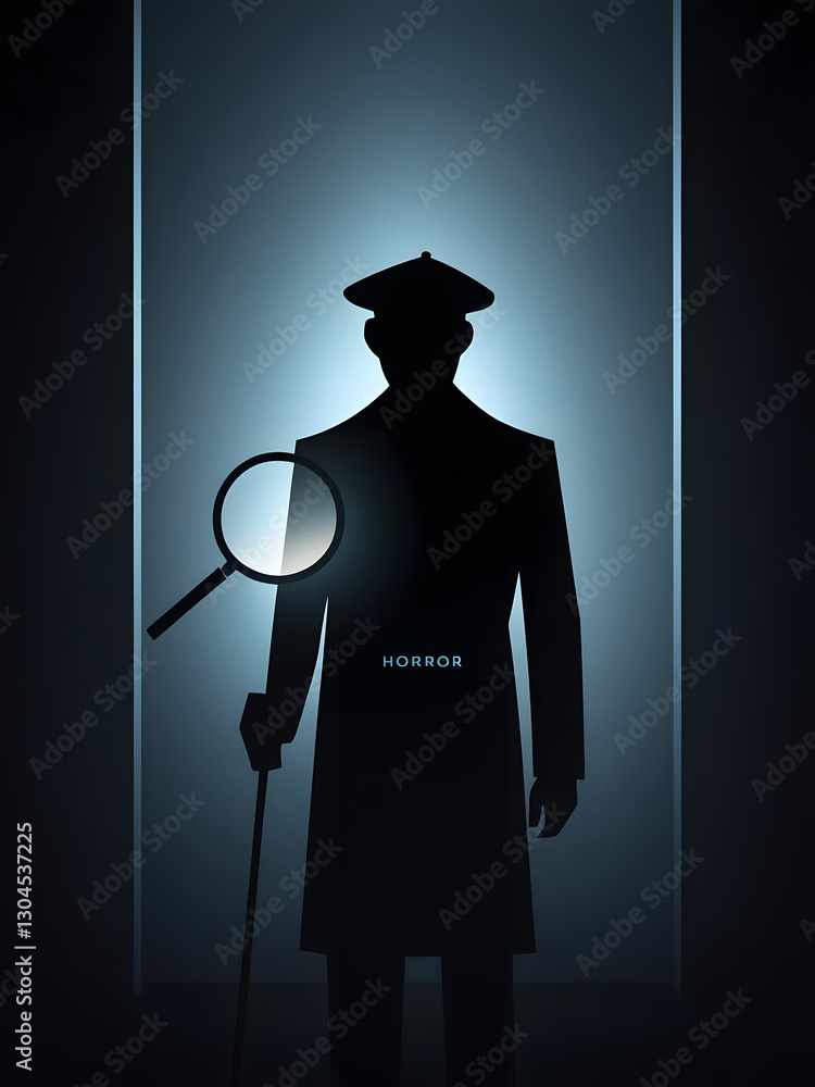 A shadowy figure stands at the end of a dimly lit hallway, holding a magnifying glass. The scene evokes a sense of mystery and suspense, perfect for a horror theme A shadowy figure stands at the end of a dimly lit hallway, holding a magnifying glass. The scene evokes a sense of mystery and suspense, perfect for a horror theme