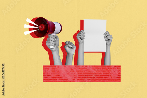 Tableau sur toile Composite sketch image trend artwork collage of anonymous hand hold loudspeaker