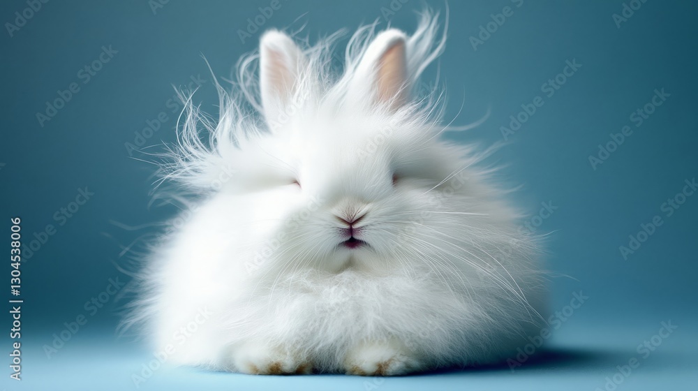 Obraz premium Fluffy Bunny. A Cute White Angora Rabbit On A Blue Background.