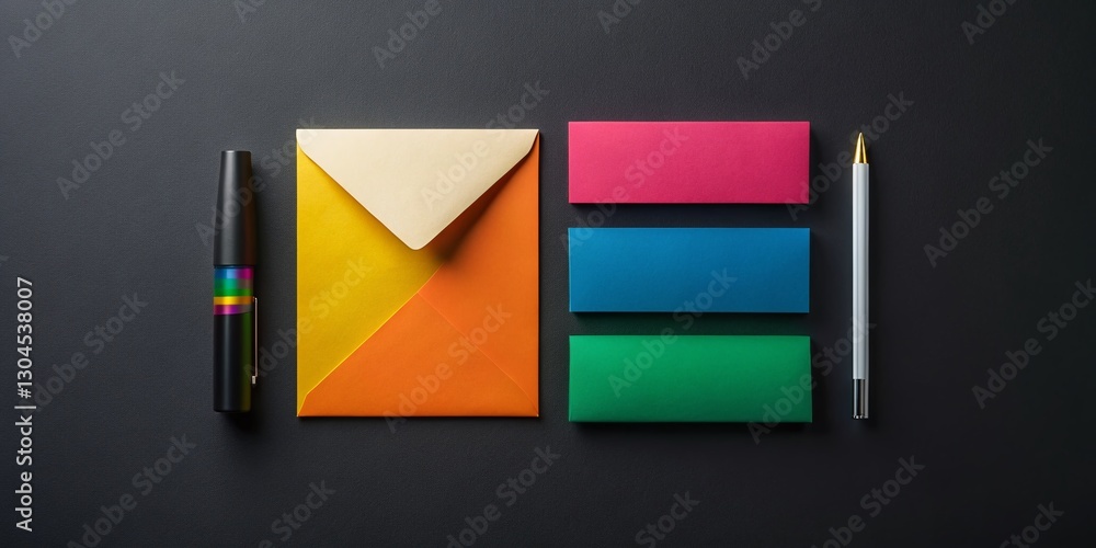Fototapeta premium Elegant Black & White Stationery Mockup: Blank Notecards, Envelope & Pen on Dark Background