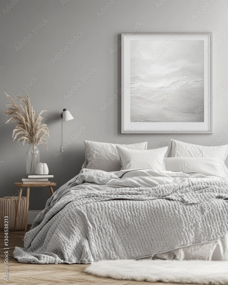 Serene bedroom with minimalist gray bedding, artwork, and pampas grass. Serene bedroom with minimalist gray bedding, artwork, and pampas grass.
