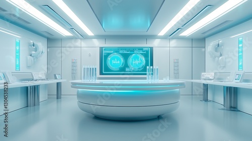 A futuristic medical room with white and blue color scheme, test tubes on the wall displaying data.