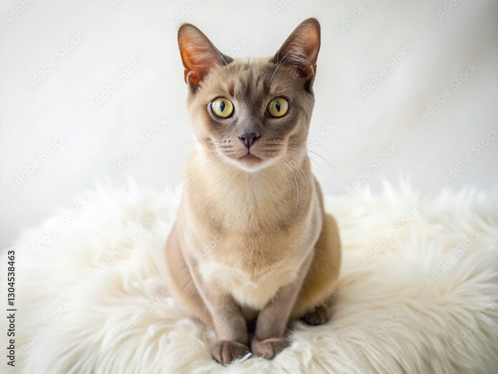 Elegant Burmese Cat Posing on Pristine White Background - Drone Photography Elegant Burmese Cat Posing on Pristine White Background - Drone Photography