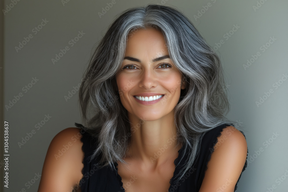 Fototapeta premium Close-up portrait of a smiling 45-year-old Hispanic woman with gray hair on a neutral background, concept of natural female beauty and skin care.