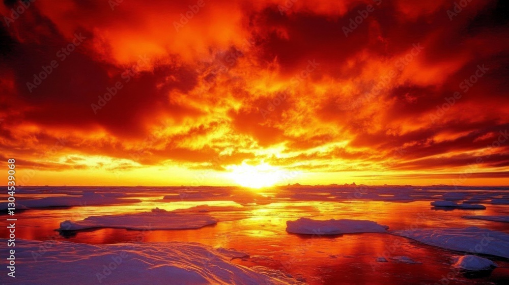 Fototapeta premium Fiery arctic sunset over icy landscape with reflective waters